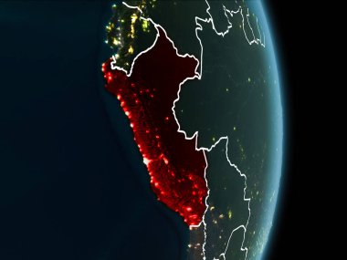 Peru Haritası beyaz sınır çizgileri ve şehir ışıkları ile gece gezegeni uzaydan görüldüğü gibi kırmızı. 3D çizim. Nasa tarafından döşenmiş bu görüntü unsurları.