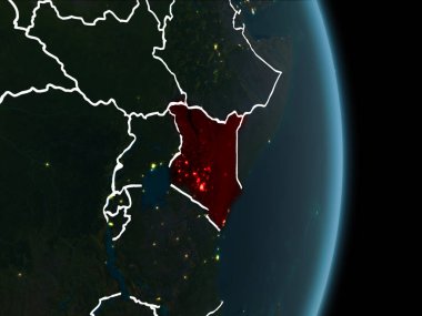 Beyaz sınır çizgileri ve şehir ışıkları ile gece gezegeni uzaydan görüldüğü gibi kırmızı harita Kenya. 3D çizim. Nasa tarafından döşenmiş bu görüntü unsurları.