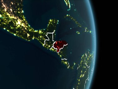 Honduras Haritası Beyaz sınır çizgileri ve şehir ışıkları ile gece gezegeni uzaydan görüldüğü gibi kırmızı. 3D çizim. Nasa tarafından döşenmiş bu görüntü unsurları.