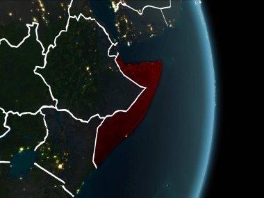 Somali Haritası beyaz sınır çizgileri ve şehir ışıkları ile gece gezegeni uzaydan görüldüğü gibi kırmızı. 3D çizim. Nasa tarafından döşenmiş bu görüntü unsurları.