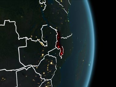 Malavi Haritası beyaz sınır çizgileri ve şehir ışıkları ile gece gezegeni uzaydan görüldüğü gibi kırmızı. 3D çizim. Nasa tarafından döşenmiş bu görüntü unsurları.