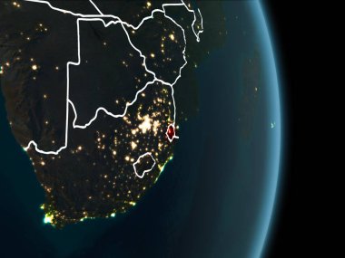 Svaziland Haritası beyaz sınır çizgileri ve şehir ışıkları ile gece gezegeni uzaydan görüldüğü gibi kırmızı. 3D çizim. Nasa tarafından döşenmiş bu görüntü unsurları.
