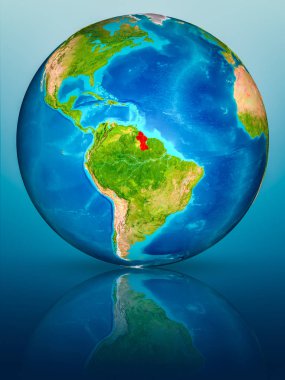 Guyana kırmızı yansıtıcı mavi yüzeyi Dünya gezegeninin modeli. 3D çizim. Nasa tarafından döşenmiş bu görüntü unsurları.