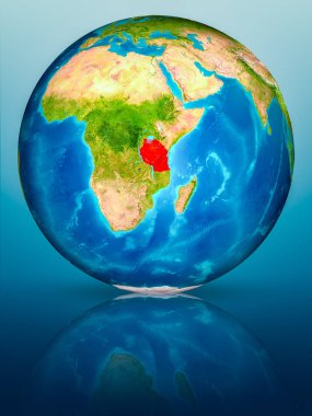 Tanzanya kırmızı yansıtıcı mavi yüzeyi Dünya gezegeninin modeli. 3D çizim. Nasa tarafından döşenmiş bu görüntü unsurları.