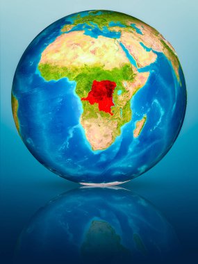 Demokratik Kongo Cumhuriyeti kırmızı yansıtıcı mavi yüzeyi Dünya gezegeninin modeli. 3D çizim. Nasa tarafından döşenmiş bu görüntü unsurları.