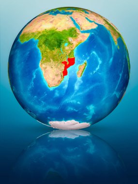 Mozambik kırmızı yansıtıcı mavi yüzeyi Dünya gezegeninin modeli. 3D çizim. Nasa tarafından döşenmiş bu görüntü unsurları.