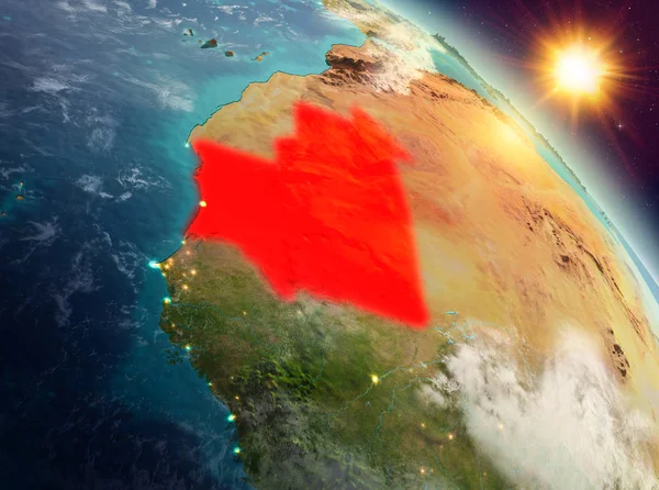 Sunrise modeli gezegeninin uzaydaki bir kırmızı vurgulanır Moritanya yukarıda. 3D çizim. Nasa tarafından döşenmiş bu görüntü unsurları.