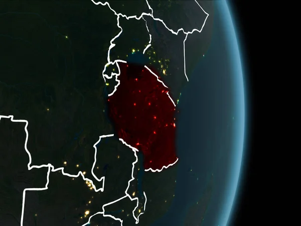 Map of Tanzania in red as seen from space on planet Earth at night with white borderlines and city lights. 3D illustration. Elements of this image furnished by NASA.