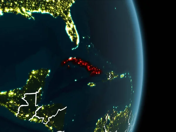 Küba Haritası Beyaz sınır çizgileri ve şehir ışıkları ile gece gezegeni uzaydan görüldüğü gibi kırmızı. 3D çizim. Nasa tarafından döşenmiş bu görüntü unsurları.