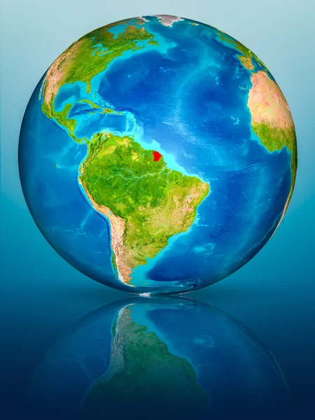 Fransız Guyanası kırmızı yansıtıcı mavi yüzeyi Dünya gezegeninin modeli. 3D çizim. Nasa tarafından döşenmiş bu görüntü unsurları.
