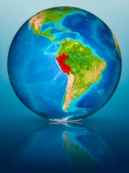 Pérou Rouge Sur Modèle Planète Terre Sur Une Surface Bleue — Photo