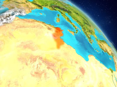 Dünya yörüngesine görüldüğü gibi Tunus Illustration. 3D çizim. Nasa tarafından döşenmiş bu görüntü unsurları.