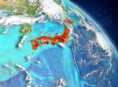 Dünya yörüngesine görüldüğü gibi Japonya Illustration. 3D çizim. Nasa tarafından döşenmiş bu görüntü unsurları.