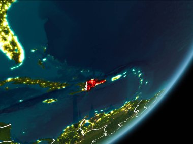 Dominik Cumhuriyeti Planet Earth Earth yörüngeden geceleri görüldüğü gibi kırmızı görünür Kenarlıklar ve şehir ışıkları vurgulanır. 3D çizim. Nasa tarafından döşenmiş bu görüntü unsurları.