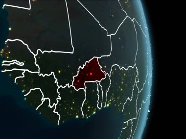 Burkina Faso Haritası Beyaz sınır çizgileri ve şehir ışıkları ile gece gezegeni uzaydan görüldüğü gibi kırmızı. 3D çizim. Nasa tarafından döşenmiş bu görüntü unsurları.