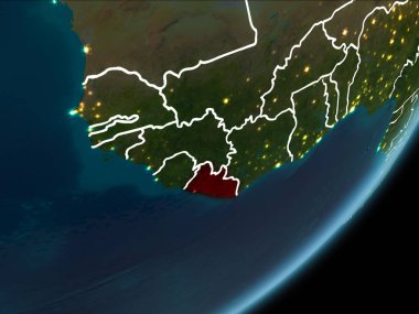 Planet Earth Earth yörüngeden geceleri görüldüğü gibi Liberya kırmızı görünür Kenarlıklar ve şehir ışıkları vurgulanır. 3D çizim. Nasa tarafından döşenmiş bu görüntü unsurları.