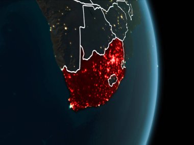 Güney Afrika Haritası beyaz sınır çizgileri ve şehir ışıkları ile gece gezegeni uzaydan görüldüğü gibi kırmızı. 3D çizim. Nasa tarafından döşenmiş bu görüntü unsurları.