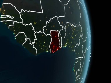 Gana Haritası Beyaz sınır çizgileri ve şehir ışıkları ile gece gezegeni uzaydan görüldüğü gibi kırmızı. 3D çizim. Nasa tarafından döşenmiş bu görüntü unsurları.
