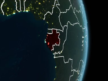 Gabon Haritası beyaz sınır çizgileri ve şehir ışıkları ile gece gezegeni uzaydan görüldüğü gibi kırmızı. 3D çizim. Nasa tarafından döşenmiş bu görüntü unsurları.