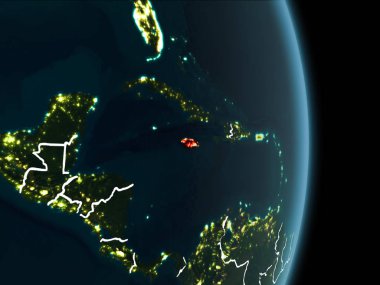 Jamaika haritası beyaz sınır çizgileri ve şehir ışıkları ile gece gezegeni uzaydan görüldüğü gibi kırmızı. 3D çizim. Nasa tarafından döşenmiş bu görüntü unsurları.