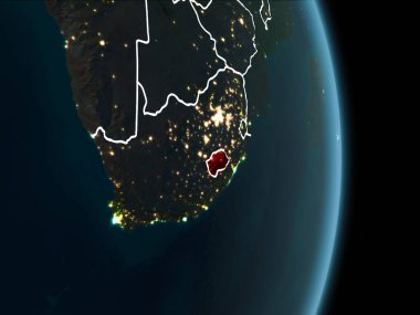 Lesoto Haritası Beyaz sınır çizgileri ve şehir ışıkları ile gece gezegeni uzaydan görüldüğü gibi kırmızı. 3D çizim. Nasa tarafından döşenmiş bu görüntü unsurları.