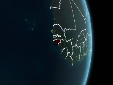 Gine-Bissau Haritası Beyaz sınır çizgileri ve şehir ışıkları ile gece gezegeni uzaydan görüldüğü gibi kırmızı. 3D çizim. Nasa tarafından döşenmiş bu görüntü unsurları.