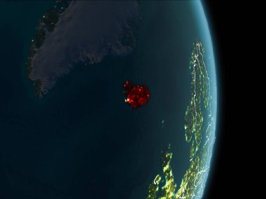 İzlanda Haritası Beyaz sınır çizgileri ve şehir ışıkları ile gece gezegeni uzaydan görüldüğü gibi kırmızı. 3D çizim. Nasa tarafından döşenmiş bu görüntü unsurları.