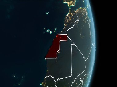 Batı Sahra Haritası Beyaz sınır çizgileri ve şehir ışıkları ile gece gezegeni uzaydan görüldüğü gibi kırmızı. 3D çizim. Nasa tarafından döşenmiş bu görüntü unsurları.