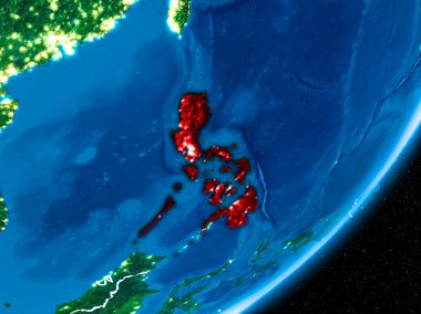 Red Planet Earth görünür sınır çizgileri ve şehir ışıkları ile gece Filipinler'de. 3D çizim. Nasa tarafından döşenmiş bu görüntü unsurları.