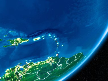 Red Planet Earth görünür sınır çizgileri ve şehir ışıkları ile gece Karayipler'de. 3D çizim. Nasa tarafından döşenmiş bu görüntü unsurları.