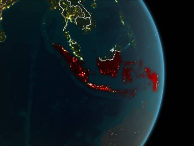 Endonezya Haritası Beyaz sınır çizgileri ve şehir ışıkları ile gece gezegeni uzaydan görüldüğü gibi kırmızı. 3D çizim. Nasa tarafından döşenmiş bu görüntü unsurları.
