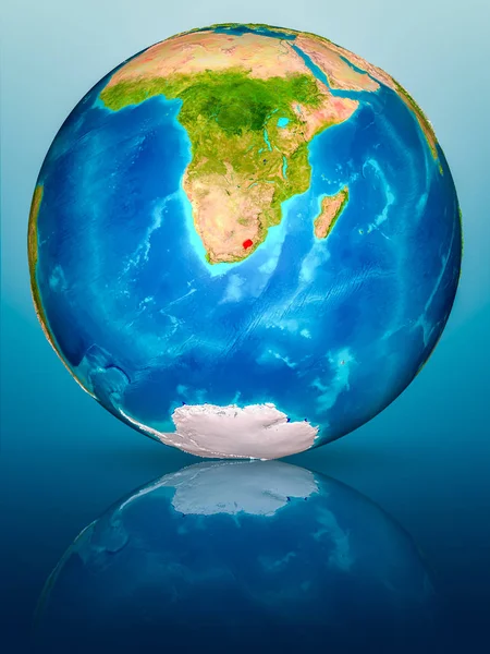 Lesotho kırmızı yansıtıcı mavi yüzeyi Dünya gezegeninin modeli. 3D çizim. Nasa tarafından döşenmiş bu görüntü unsurları.