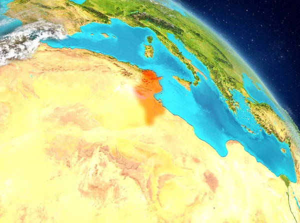 Dünya yörüngesine görüldüğü gibi Tunus Illustration. 3D çizim. Nasa tarafından döşenmiş bu görüntü unsurları.