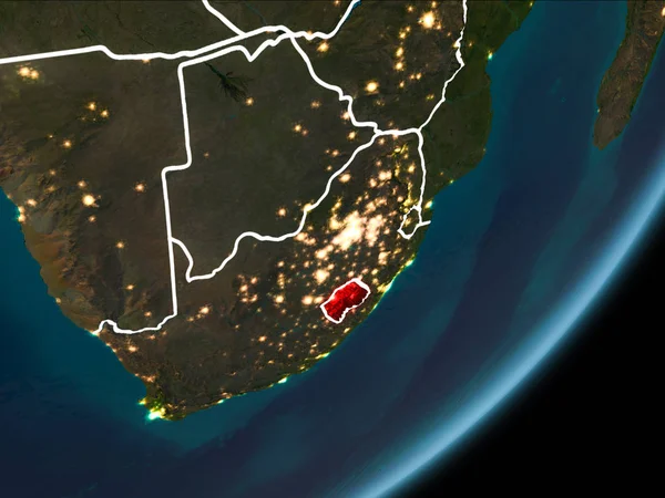 Planet Earth Earth yörüngeden geceleri görüldüğü gibi Lesotho kırmızı görünür Kenarlıklar ve şehir ışıkları vurgulanır. 3D çizim. Nasa tarafından döşenmiş bu görüntü unsurları.