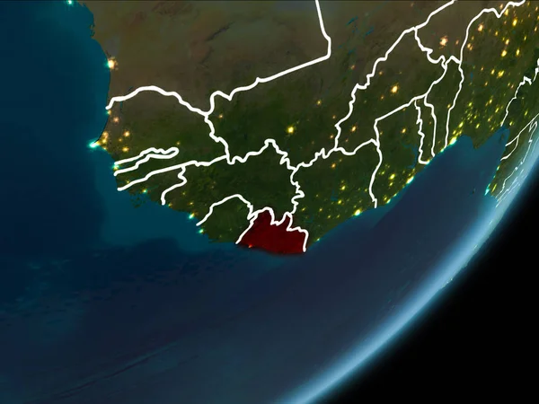 Planet Earth Earth yörüngeden geceleri görüldüğü gibi Liberya kırmızı görünür Kenarlıklar ve şehir ışıkları vurgulanır. 3D çizim. Nasa tarafından döşenmiş bu görüntü unsurları.
