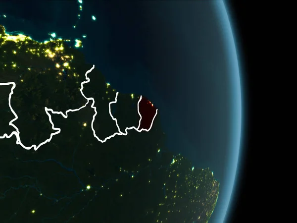 Map of French Guiana in red as seen from space on planet Earth at night with white borderlines and city lights. 3D illustration. Elements of this image furnished by NASA.