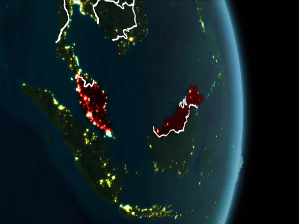 Map of Malaysia in red as seen from space on planet Earth at night with white borderlines and city lights. 3D illustration. Elements of this image furnished by NASA.