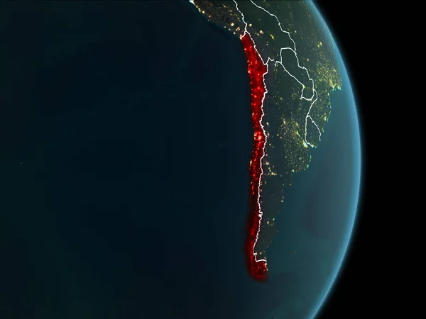 Map of Chile in red as seen from space on planet Earth at night with white borderlines and city lights. 3D illustration. Elements of this image furnished by NASA.