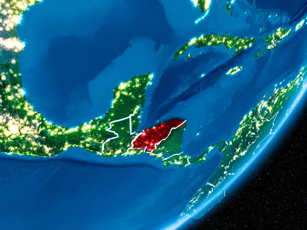 Red Planet Earth görünür sınır çizgileri ve şehir ışıkları ile gece Honduras. 3D çizim. Nasa tarafından döşenmiş bu görüntü unsurları.