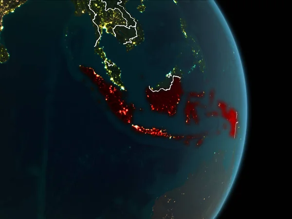 Map of Indonesia in red as seen from space on planet Earth at night with white borderlines and city lights. 3D illustration. Elements of this image furnished by NASA.