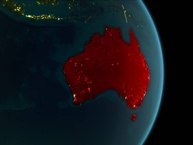 Avustralya Haritası beyaz sınır çizgileri ve şehir ışıkları ile gece gezegeni uzaydan görüldüğü gibi kırmızı. 3D çizim. Nasa tarafından döşenmiş bu görüntü unsurları.
