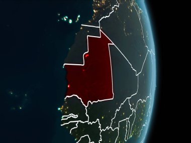 Moritanya Haritası Beyaz sınır çizgileri ve şehir ışıkları ile gece gezegeni uzaydan görüldüğü gibi kırmızı. 3D çizim. Nasa tarafından döşenmiş bu görüntü unsurları.