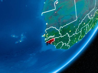 Gine-Bissau kırmızı Planet Earth görünür sınır çizgileri ve şehir ışıkları ile gece. 3D çizim. Nasa tarafından döşenmiş bu görüntü unsurları.
