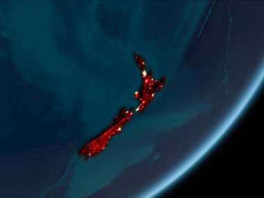 Yeni Zelanda Dünya yörüngesine Planet Earth üzerinden geceleri görüldüğü gibi kırmızı görünür Kenarlıklar ve şehir ışıkları vurgulanır. 3D çizim. Nasa tarafından döşenmiş bu görüntü unsurları.