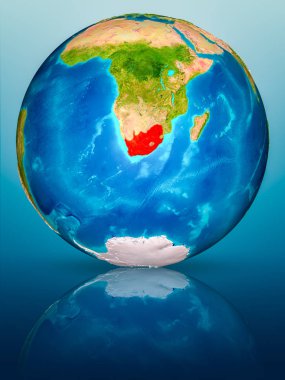 Güney Afrika kırmızı yansıtıcı mavi yüzeyi Dünya gezegeninin modeli. 3D çizim. Nasa tarafından döşenmiş bu görüntü unsurları.