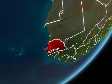 Planet Earth Earth yörüngeden geceleri görüldüğü gibi Senegal kırmızı görünür Kenarlıklar ve şehir ışıkları vurgulanır. 3D çizim. Nasa tarafından döşenmiş bu görüntü unsurları.