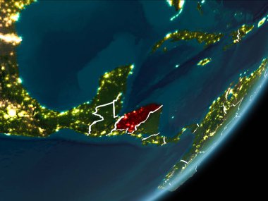 Planet Earth Earth yörüngeden geceleri görüldüğü gibi Honduras kırmızı görünür Kenarlıklar ve şehir ışıkları vurgulanır. 3D çizim. Nasa tarafından döşenmiş bu görüntü unsurları.