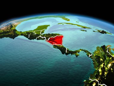 Sabah modeli görünür kenarlık çizgisi ve şehir ışıkları ile uzayda Dünya gezegeninin bir kırmızı vurgulanır Nikaragua yukarıda. 3D çizim. Nasa tarafından döşenmiş bu görüntü unsurları.