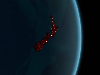 Yeni Zelanda Haritası Beyaz sınır çizgileri ve şehir ışıkları ile gece gezegeni uzaydan görüldüğü gibi kırmızı. 3D çizim. Nasa tarafından döşenmiş bu görüntü unsurları.