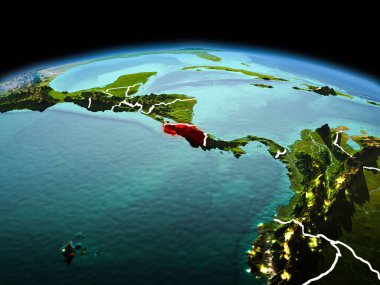 Sabah Kosta Rika modeli görünür kenarlık çizgisi ve şehir ışıkları ile uzayda Dünya gezegeninin bir kırmızı vurgulanır yukarıda. 3D çizim. Nasa tarafından döşenmiş bu görüntü unsurları.